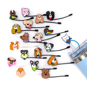 Cute silicone dog straw topper detail, creative cartoon animal straw cap and dust cover.