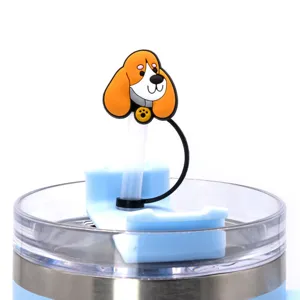 Cute silicone cartoon dog straw cover dust-proof plug creative drinkware accessory reusable straw topper.