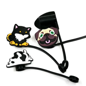 Silicone animal straw cover detail, cute cat and dog dust plug, creative cup accessories.