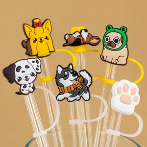 Silicone animal straw cover details, cute puppy straw topper and dust plug charm set.