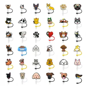 Cute silicone dog straw covers dust plugs cute animal straw toppers cup accessories set