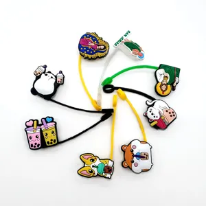 Silicone straw charms cute cartoon dust covers reusable drinking straw tips topper set for cups