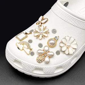 Metal alloy shoe charms for clogs, pearl and flower design shoe accessories, elegant DIY charms.