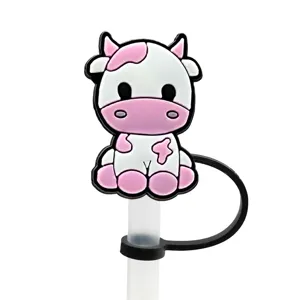 Schattige cartoon koe siliconen rietjehoes stofplug voor herbruikbare drinkrietjes hoofdfoto.