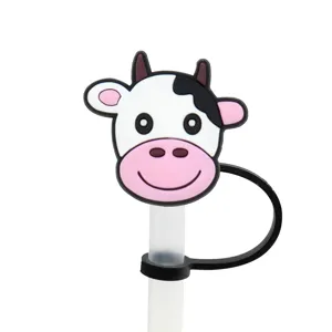 Schattige cartoon koe siliconen rietje hoes stofdichte dop en ring voor drinkbekers.