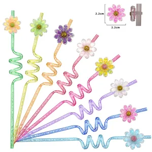Crystal flower acrylic straw charm detail, sparkly glitter floral decor for colorful straws.