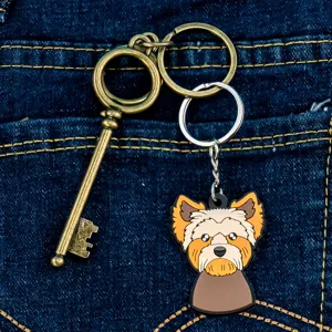 Gedetailleerd overzicht van de schattige hond sleutelhanger en vintage sleutel op denim.