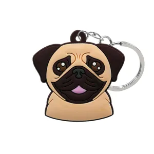 Schattige mopshond sleutelhanger PVC cartoon hond hanger tas charm metalen ring cadeautje