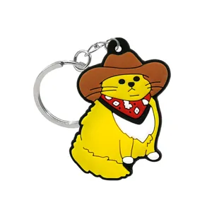 Leuke cartoon dikke kat cowboyhoed sleutelhanger metalen ring tas hanger geel dier accessoire