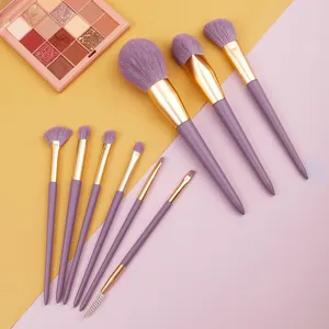 Professional 9-piece purple makeup brush set with soft synthetic fibers for daily face makeup.