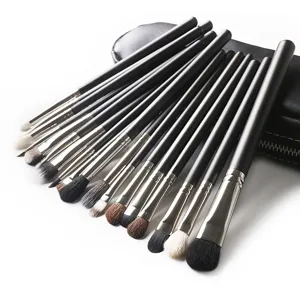 Professional black makeup brush set with leather pouch, ideal for eye shadow and blending.
