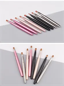 Close-up details of portable retractable lip makeup brushes with smooth metal handles.