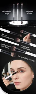 Double-ended eye makeup brush detail, soft bristles and durable handle for precise eyeshadow blending.