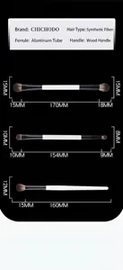 Details of black and white double-ended makeup eye shadow brush size and dimensions.
