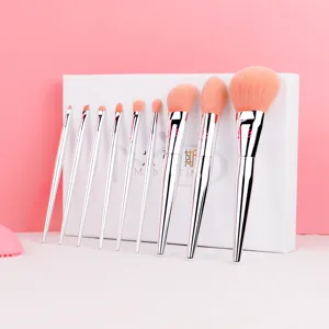 9-piece makeup brush set with silver handles and pink synthetic bristles for face and eyes.