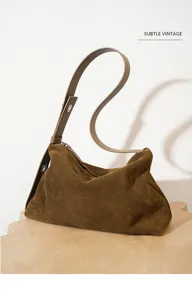Bolso de hombro de ante marrón retro para mujer, elegante bolso de mano otoñal.