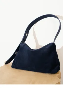 Bolso de hombro de ante azul oscuro, elegante bolso hobo de mujer para otoño y trabajo.
