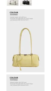 Detalle del bolso de hombro Boston de piel amarilla con dije de corazón y textura suave.