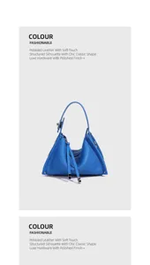 Borsa a spalla in pelle martellata blu da donna, elegante borsa hobo morbida con accessori.