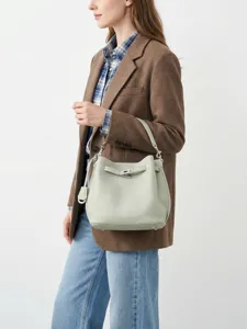 Borsa a Secchiello in Pelle di Vacchetta Primo Strato per Donna Commuting Minimalista Tinta Unita Chiusura a Serratura Tracolla
