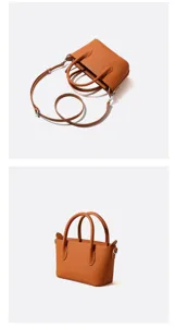 Bruine lederen crossbody tas detail, minimalistische commuter handtas met een verstelbare riem.