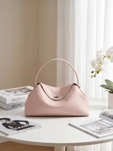 Bolso de mano de cuero rosa para mujer, elegante bolso de hombro minimalista con cierre.