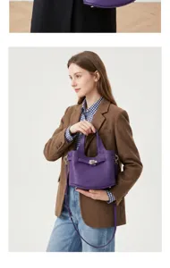 Elegante und stilvolle Leder-Eimer-Tasche mit Tragegriff und Schloss in Lila für Damen.