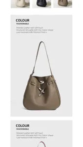 Bolso cubo de cuero genuino con textura suave, silueta clásica elegante y herrajes pulidos.
