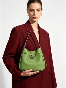 Bolso Saco de Cuero Genuino para Mujer Minimalista Casual Color Sólido Bolso de Hombro Bandolera Moda Bolso Tote