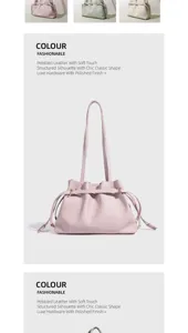 Elegant genuine leather shoulder bag for women, minimalist casual bucket bag with drawstring.