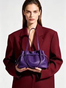 Women's Genuine Leather Shoulder Bag Korean Minimalist Commuting Casual Drawstring Bucket Bag Top Layer Cowhide Tote Bag