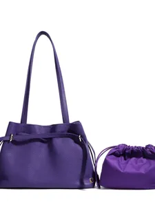 Elegant purple leather shoulder bag with matching pouch, stylish minimalist daily tote bag.