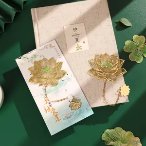 Classical Chinese hollow metal lotus bookmark with chain, exquisite cultural souvenir gift.