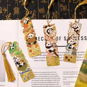 Chinese style metal panda bookmarks with tassels, creative cultural stationery for students.