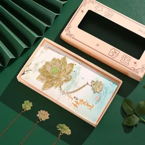 Exquisite metal lotus and leaf bookmark set with gift box, elegant reading stationery gift.