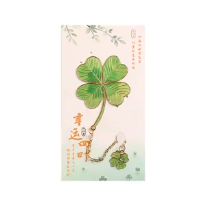 Metal four-leaf clover bookmark with chain pendant elegant Chinese style stationery
