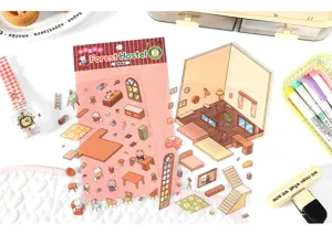 Decorative scenic sticker set with miniature room furniture elements for DIY crafting art