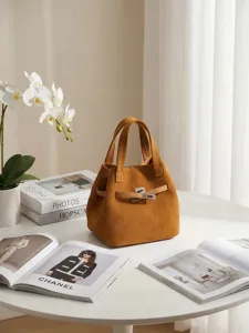 Brown suede top handle tote bag, luxury commuter shoulder bag for women autumn and winter.