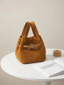 Suede bucket bag for women stylish top handle handbag casual retro brown purse daily commuting