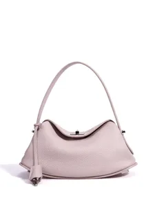Elegante rosafarbene Leder-Umhängetasche mit einzigartigem geschwungenem Design für Damen.