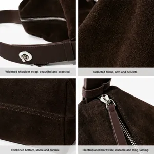 Bolso de hombro de ante marrón para mujer, con correa ancha y detalles de herrajes metálicos.