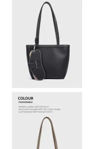 Black pebbled leather tote shoulder bag for women, stylish large capacity commuter daily use.