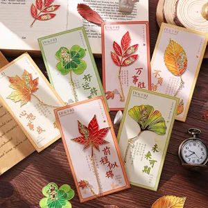 Vintage Metal Leaf Bookmark Hollow Carved Page Marker Student Stationery Gift With Metal Chain And Gift Box