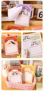 Cute cartoon cat sticky notes set, creative animal memo pads with adhesive for students.