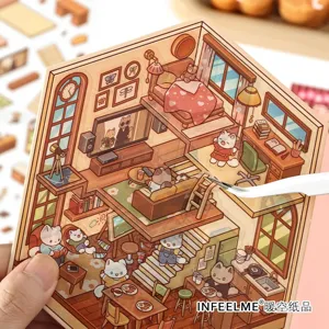 Infeelme miniature house diorama sticker set, cute cartoon cat room DIY craft decor.