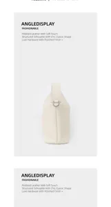Detailed side view of off-white pebbled leather shoulder bag with polished hardware.