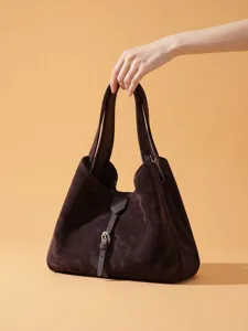 Bolso de hombro de ante marrón para mujer, bolso tote informal con hebilla, bandolera diaria.