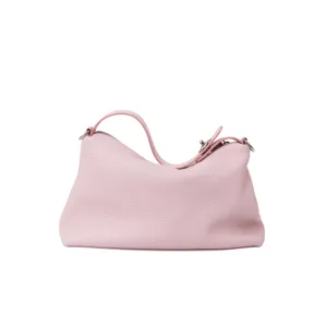 Pink genuine leather shoulder bag for women, stylish daily tote purse with metal hardware.