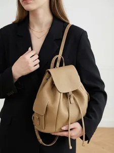 Genuine leather backpack for women, stylish daily casual travel daypack with drawstring.