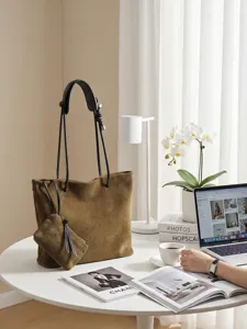 Damen Vintage Wildleder Shopper Tasche mit kleiner Tasche minimalistische Schultertasche